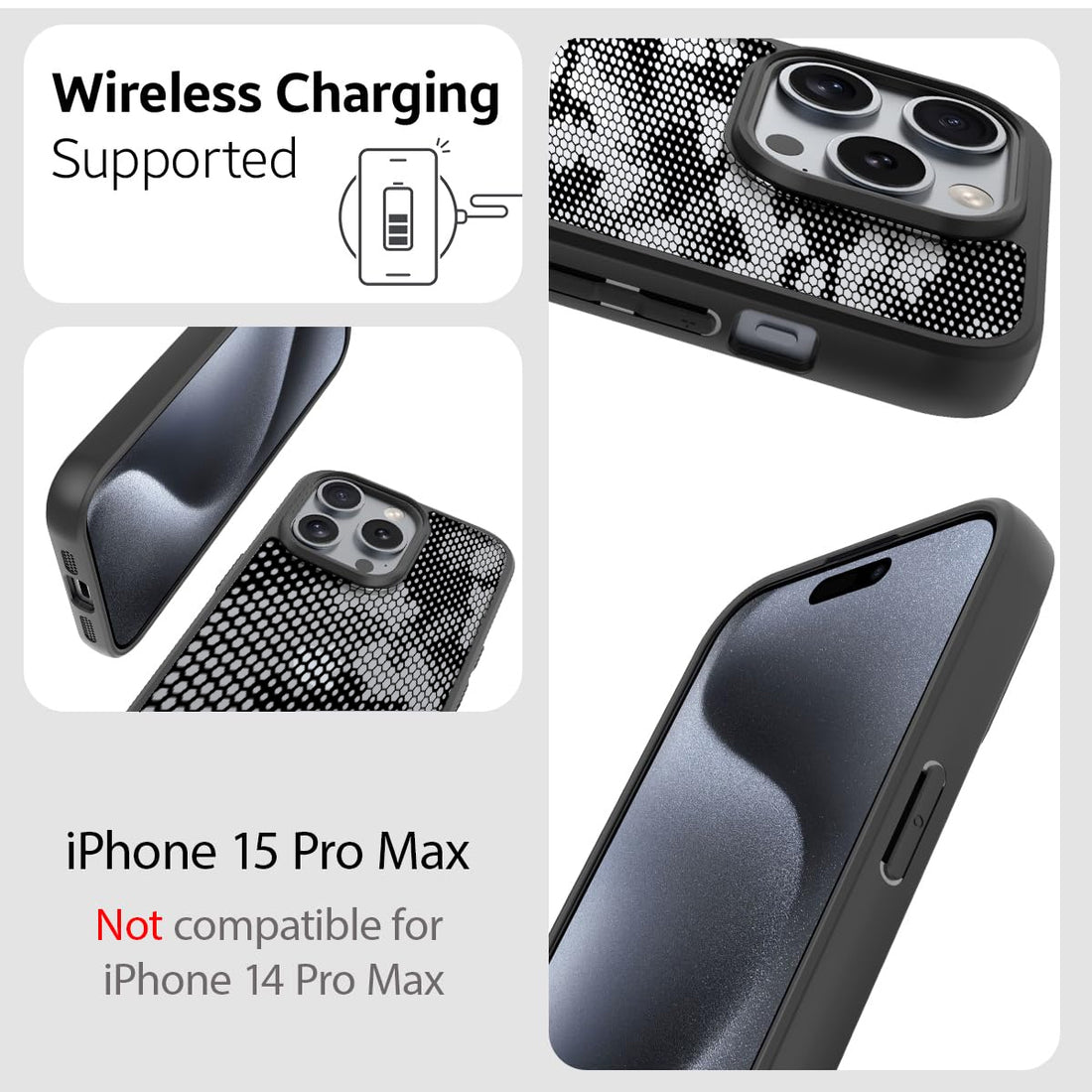 [FOSO]  iPhone 15 Pro Max Back Cover Case- Black(Honeycomb)