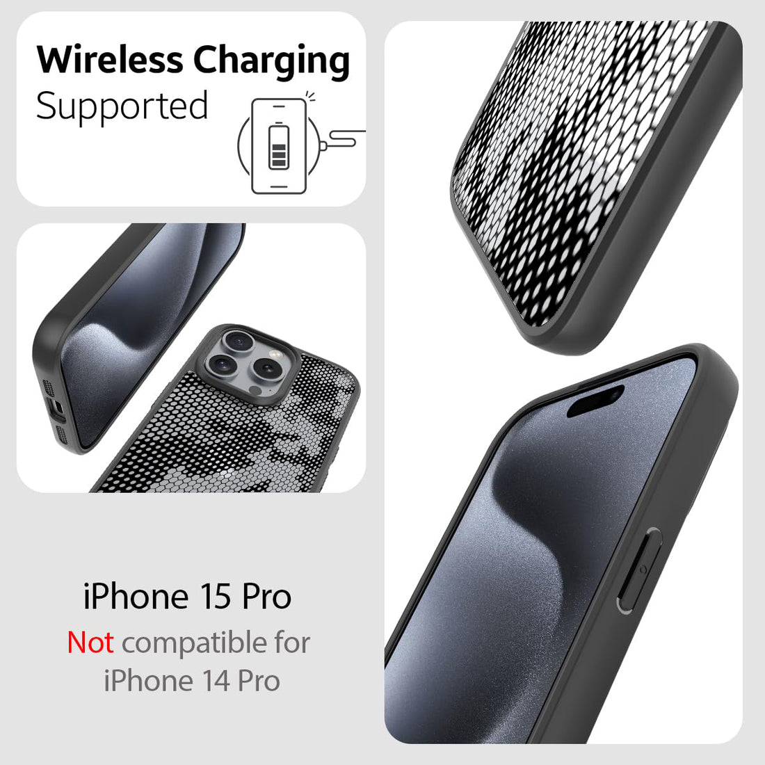 [FOSO] iPhone 15 Pro Back Cover Case - Black(Honeycomb)