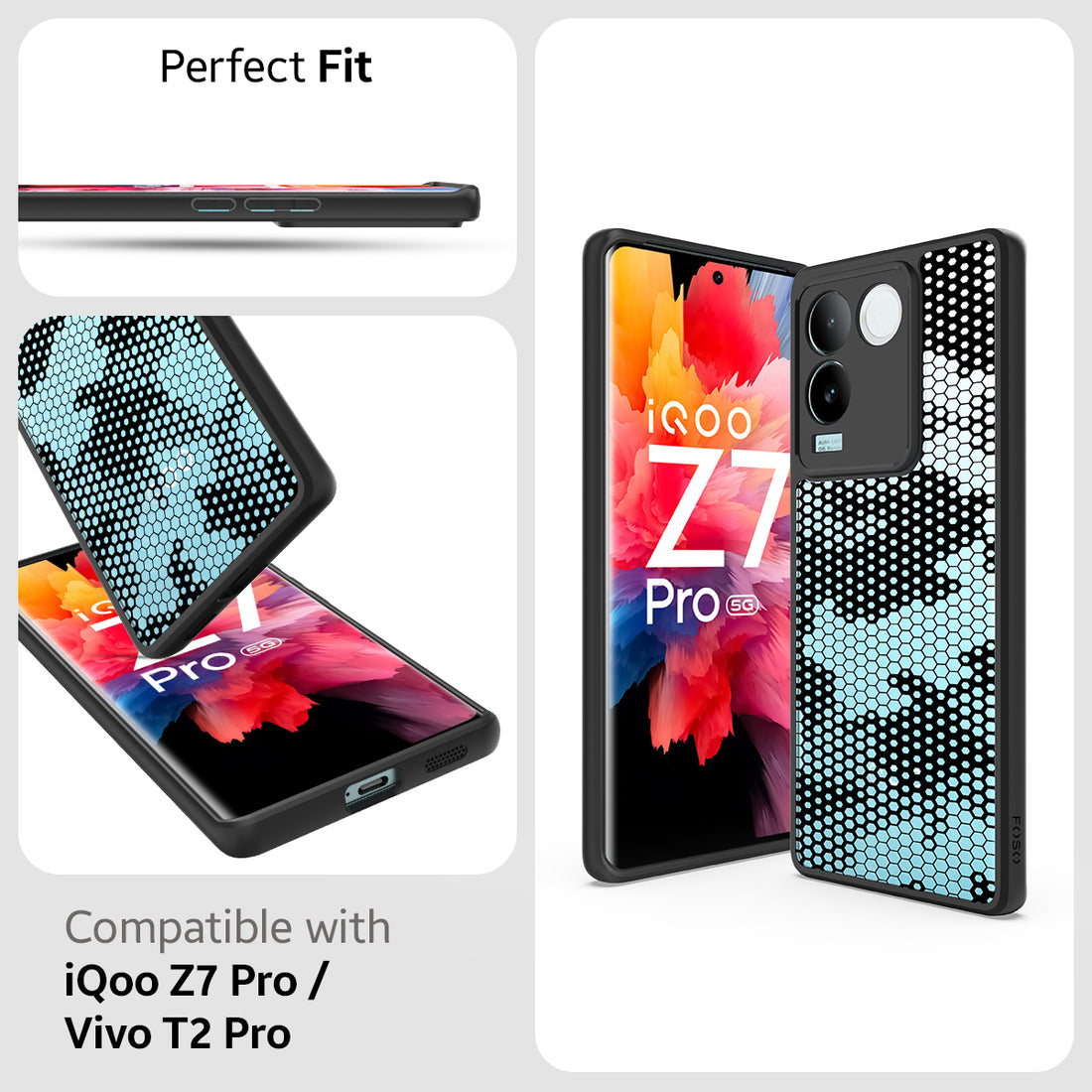 [FOSO] iQOO Z7 Pro/Vivo T2 Pro Back Cover Case-Black(Honeycomb)