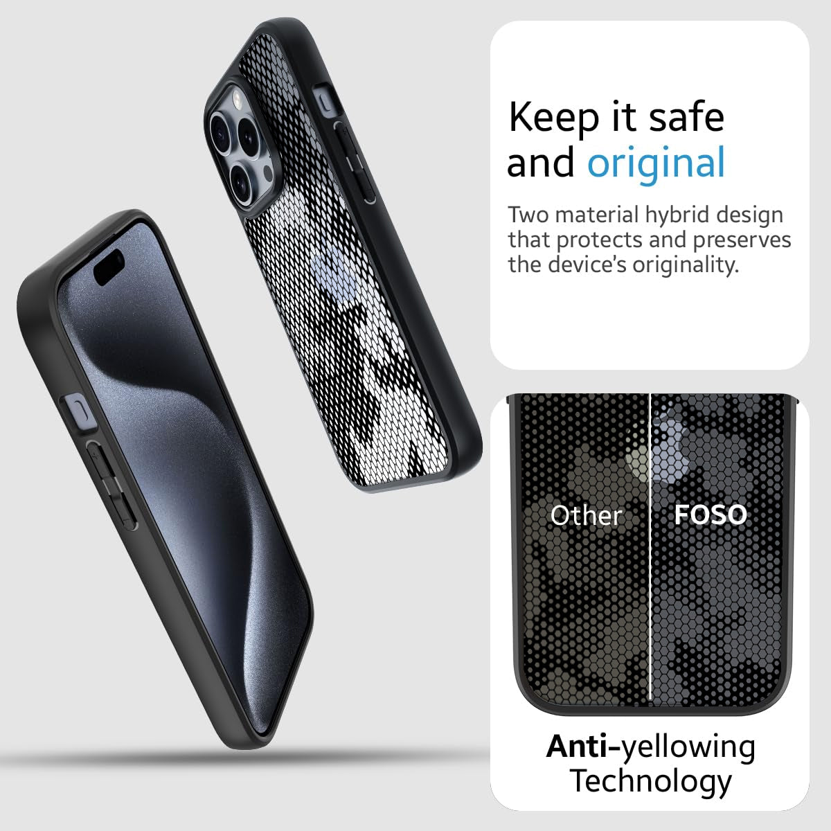 iPhone 15 Pro (FOSO) Back Cover Case - Black (Honeycomb)