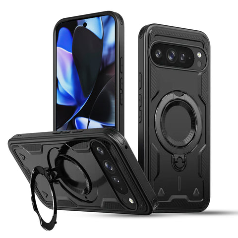 Google Pixel 9 Pro Back Cover Case With Glass |  Mag X Rugged with stand - Black
