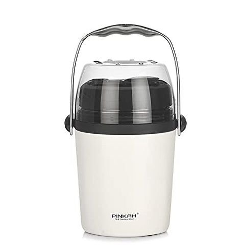 (PINKAH) Lunch Box with foldable spoon | stainless steel (950ml) - White
