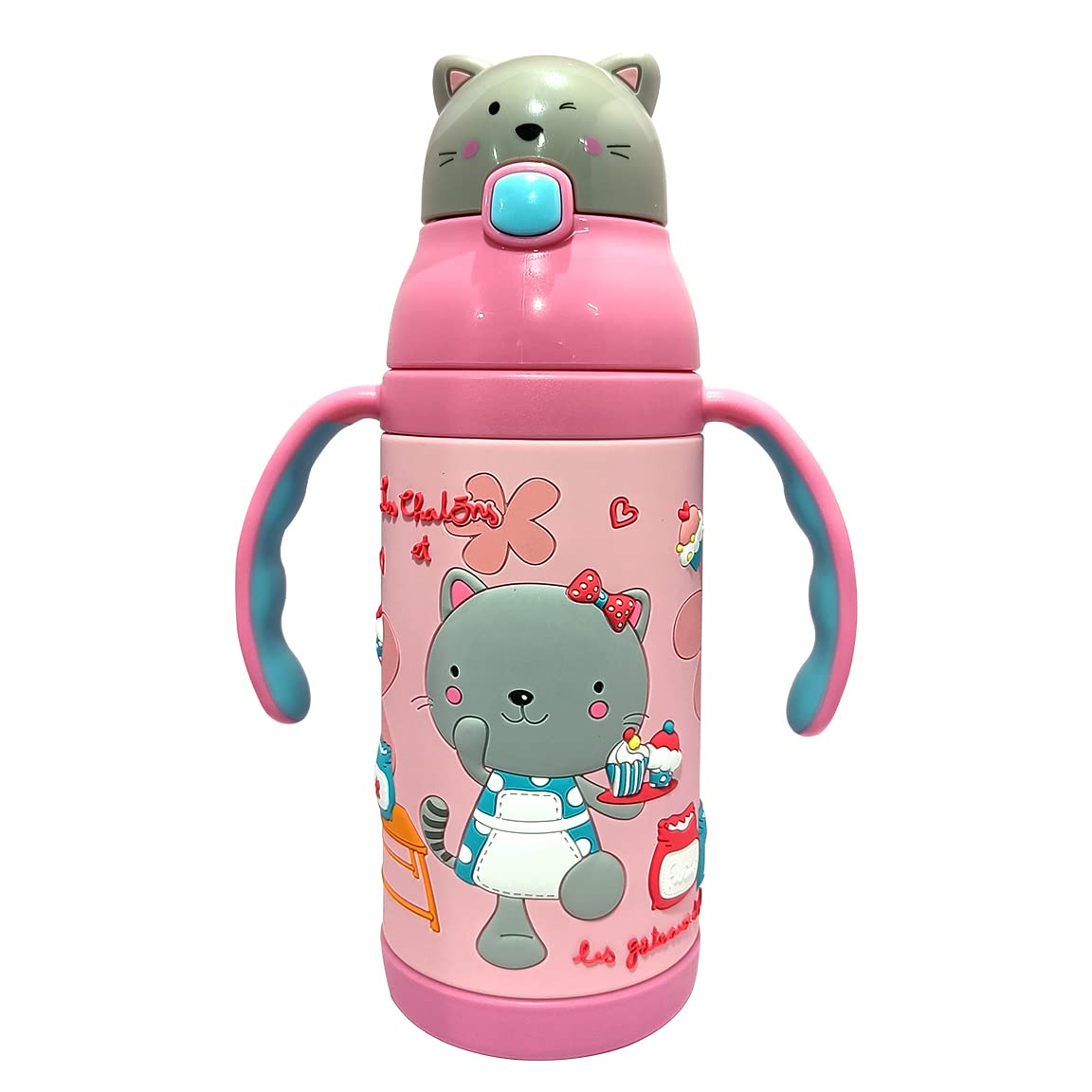 (PINKAH) Kids 3D Cap with Cartoon Design Bottle | Stainless Steel (380ML) - Tedy Pink