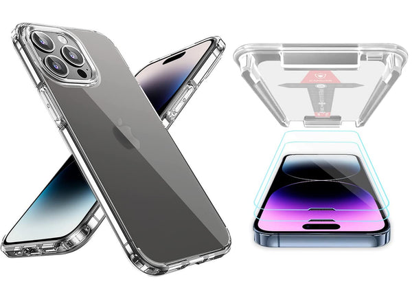 KAPAVERÌâå¨ Ice Crystal Series Back Cover Case +Tempered Glass for iPhone 14 Pro Max (Clear Case with 2 Glasses)