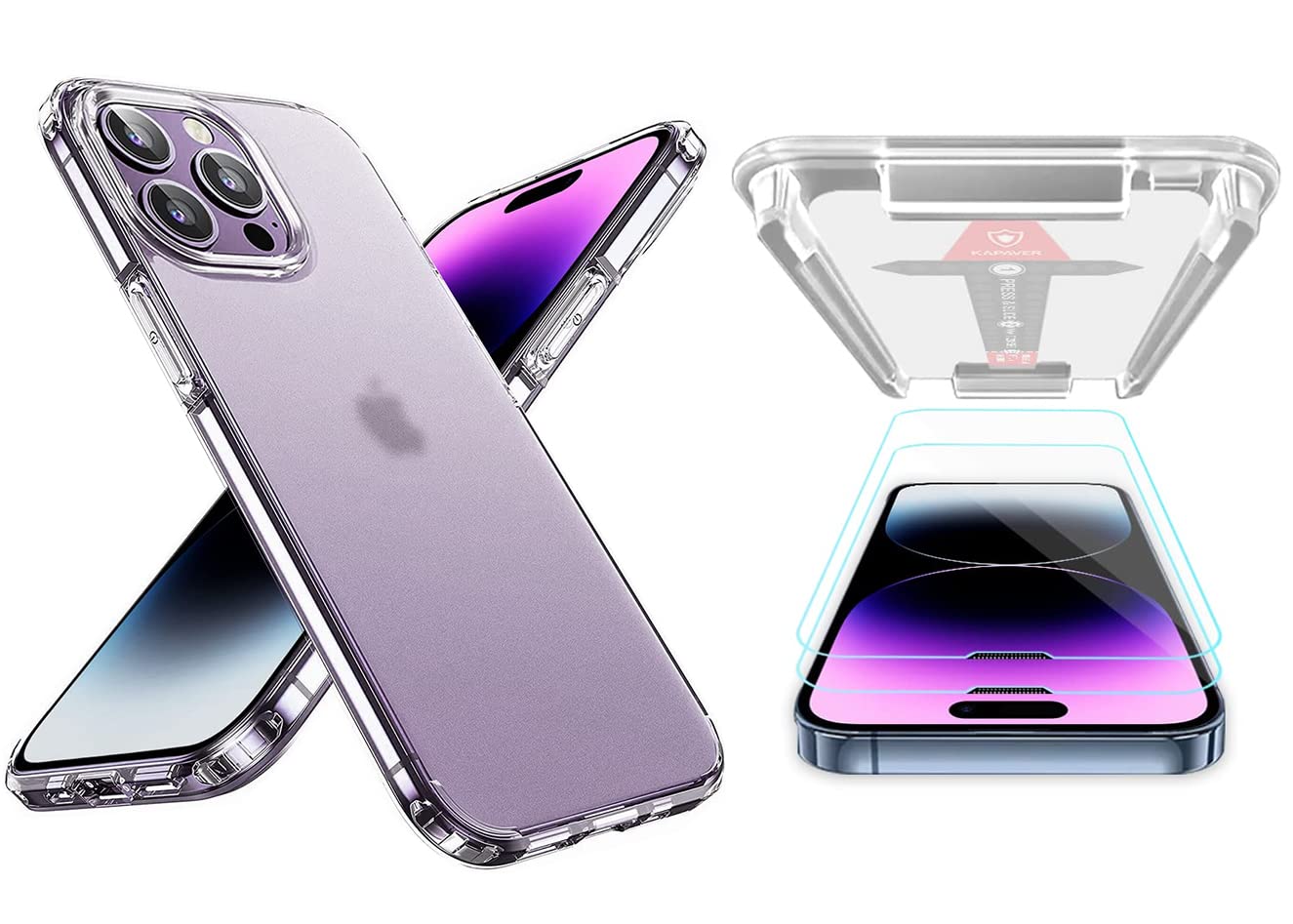 KAPAVER® Ice Crystal Series Back Cover Case +Tempered Glass for iPhone 14 Pro Max (Matte Clear Case with Glasses)