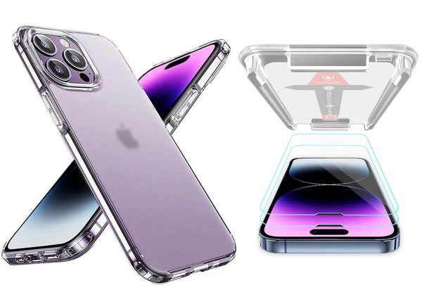 KAPAVERÌâå¨ Ice Crystal Series Back Cover Case +Tempered Glass for iPhone 14 Pro Max (Matte Clear Case with 2 Glasses)