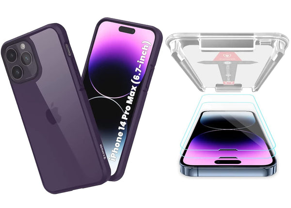 KAPAVERÌâå¨ Ice Crystal Slim Cover + Tempered Glass For iPhone 14 Pro Max (Matte Purple Case with 2 Glasses)