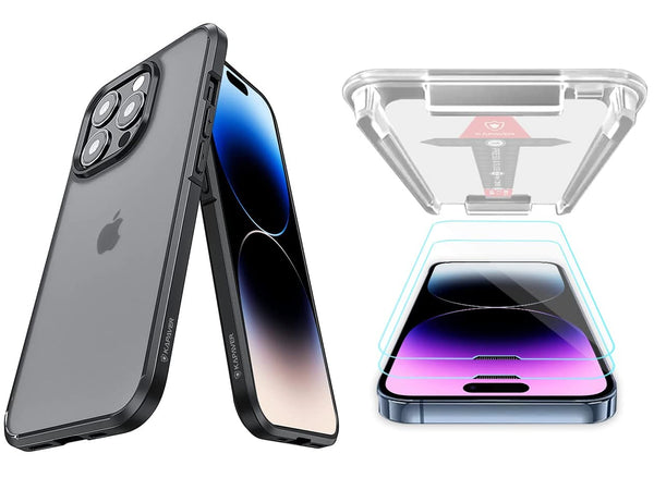 KAPAVERÌâå¨ Ice Crystal Slim Cover + Tempered Glass Compatible with iPhone 14 Pro Max (Matte Black Case with 2 Glasses)