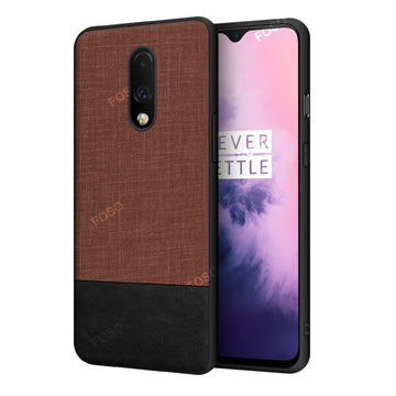 Foso  Fabric and PU Leather Hybrid Protective Back Cover Case for OnePlus 7/1+7 (Fabric with Leather TPU Brown)