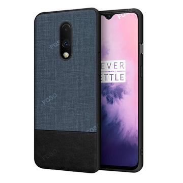 Foso  Fabric and PU Leather Hybrid Protective Back Cover Case for OnePlus 7/1+7 (Fabric with Leather TPU Blue)
