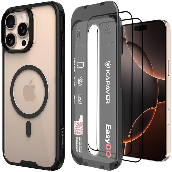 iPhone 16 Pro Max Back Cover Case With Glass | Mag-X - Black Case with 2 Clear Glass