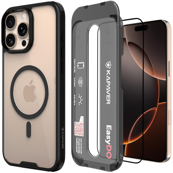 iPhone 16 Pro Max Back Cover Case With Glass | Mag-X - Black Case with Matte Glass