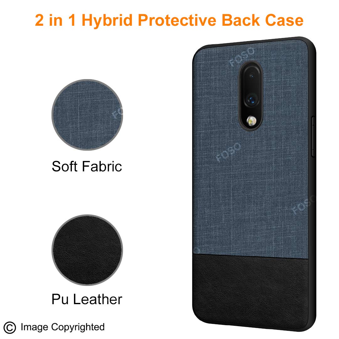 Foso  Fabric and PU Leather Hybrid Protective Back Cover Case for OnePlus 7/1+7 (Fabric with Leather TPU Blue)