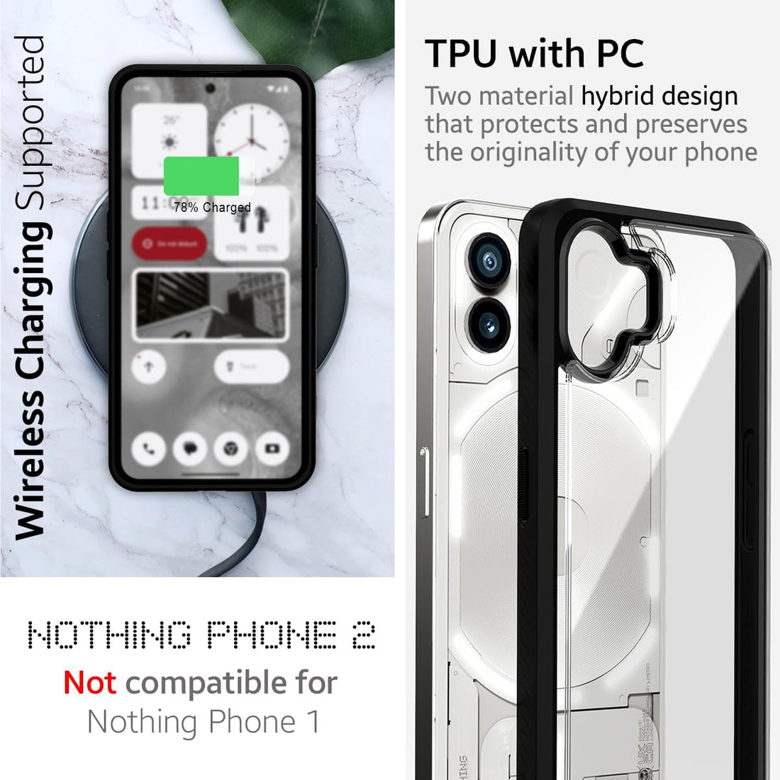 Nothing Phone 2 Impulse Back Cover Case with 1 PACK GLaS Tempered Glass Screen Protector Guard - Black