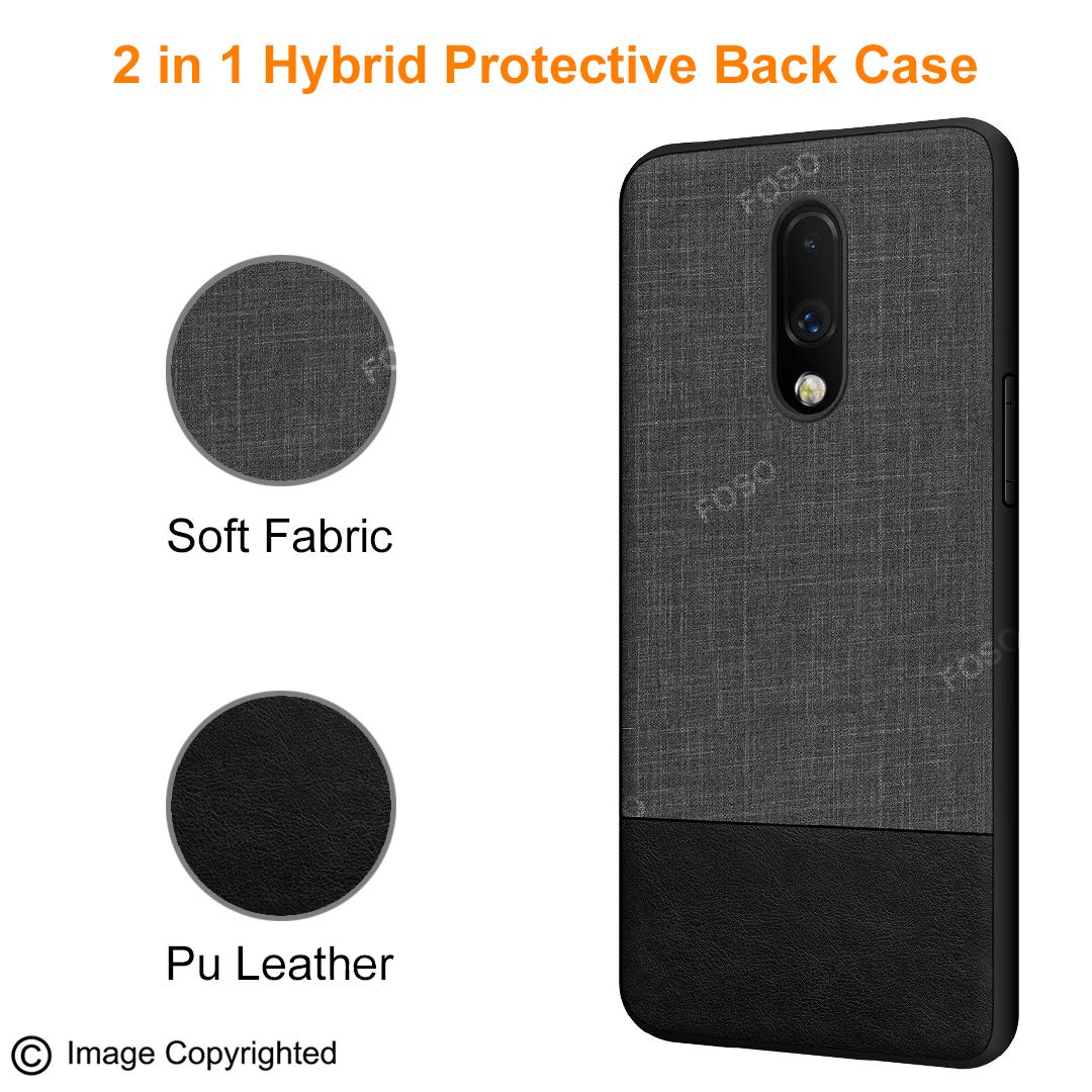 Foso  Fabric and PU Leather Hybrid Protective Back Cover Case for OnePlus 7/1+7 (Fabric with Leather TPU Black)