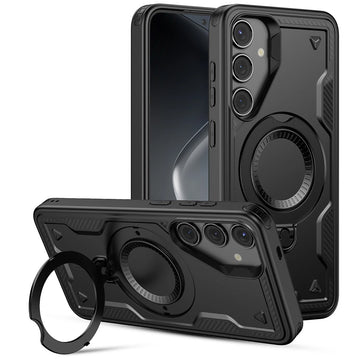 Samsung Galaxy S25 FE Back Cover Case With Glass |  Mag X Rugged with stand - Black