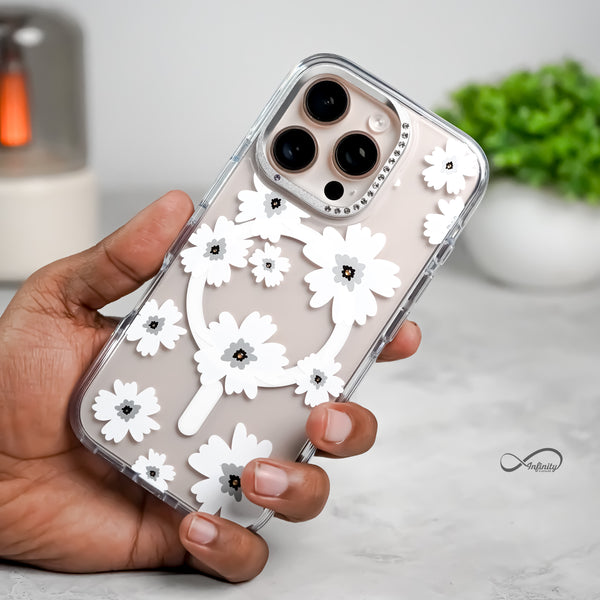 iPhone 16 Pro Max Back Cover Case | Floral Case Mag-X - White