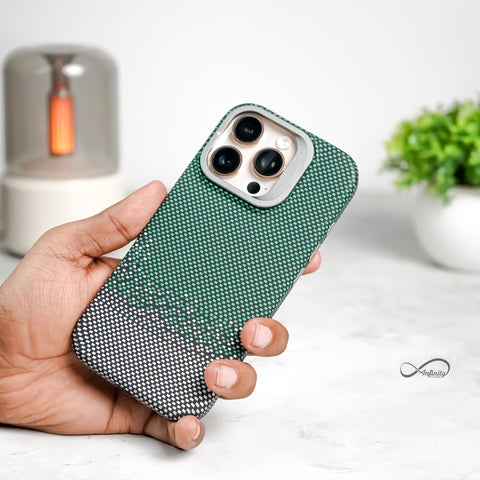 iPhone 16 Pro Back Cover Case | Carbon Fiber Bracket Kickstand Mag-X - Silver Sand Green