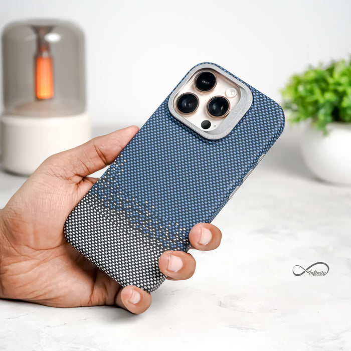 iPhone 16 Pro Back Cover Case | Carbon Fiber Bracket Kickstand Mag-X - Silver Sand Blue
