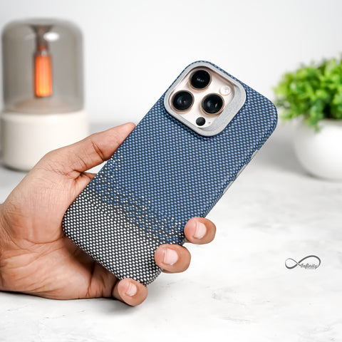 iPhone 16 Pro Max Back Cover Case | Carbon Fiber Bracket Kickstand Mag-X - Silver Sand Blue