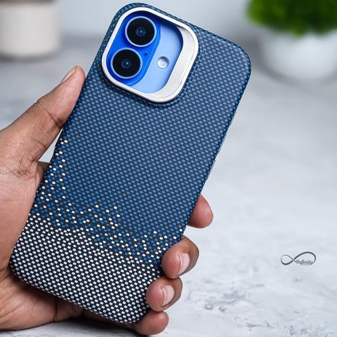 iPhone 16 Back Cover Case | Carbon Fiber Bracket Kickstand Mag-X - Silver Sand Blue