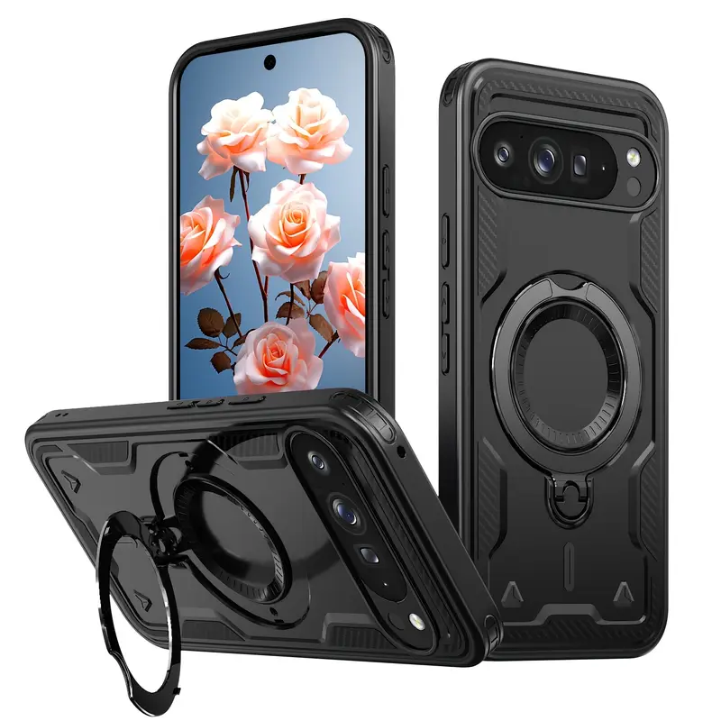 Google Pixel 9 Pro Back Cover Case With Glass |  Mag X Rugged with stand - Black