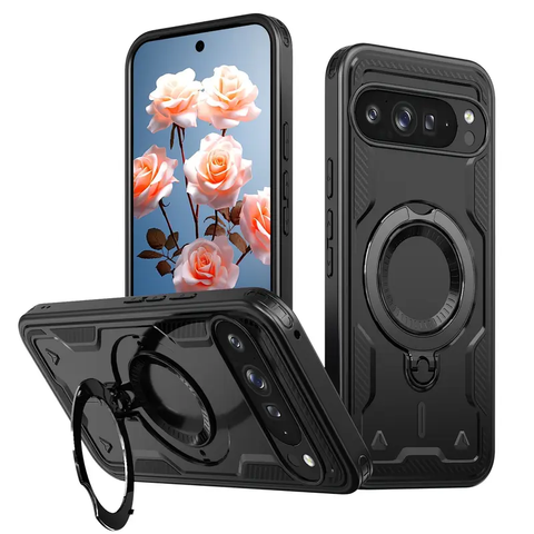 Google Pixel 9 Pro Back Cover Case With Glass |  Mag X Rugged with stand - Black