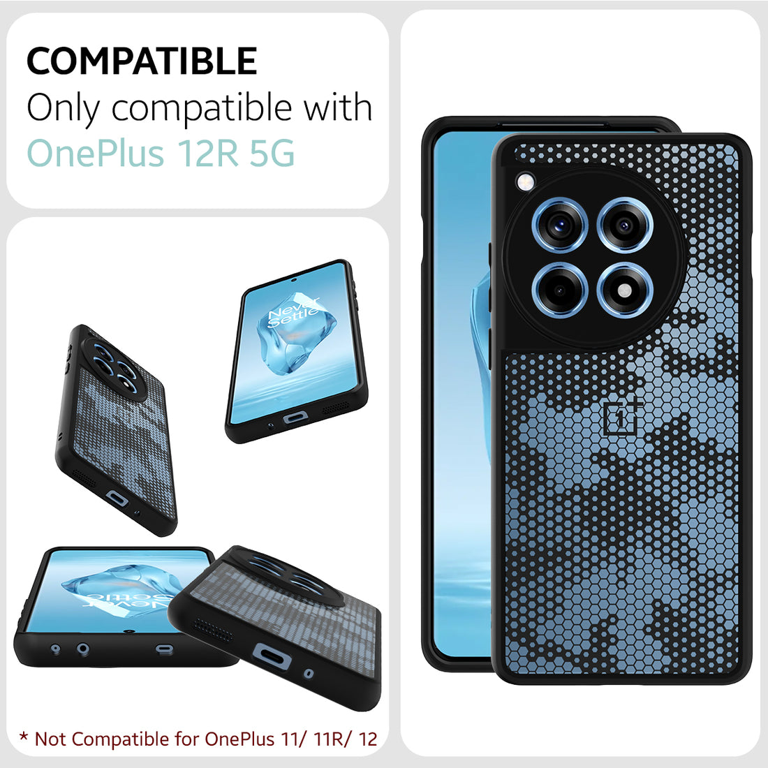 [FOSO] OnePlus 12R 5G Back Cover Case - Black (Honeycomb)