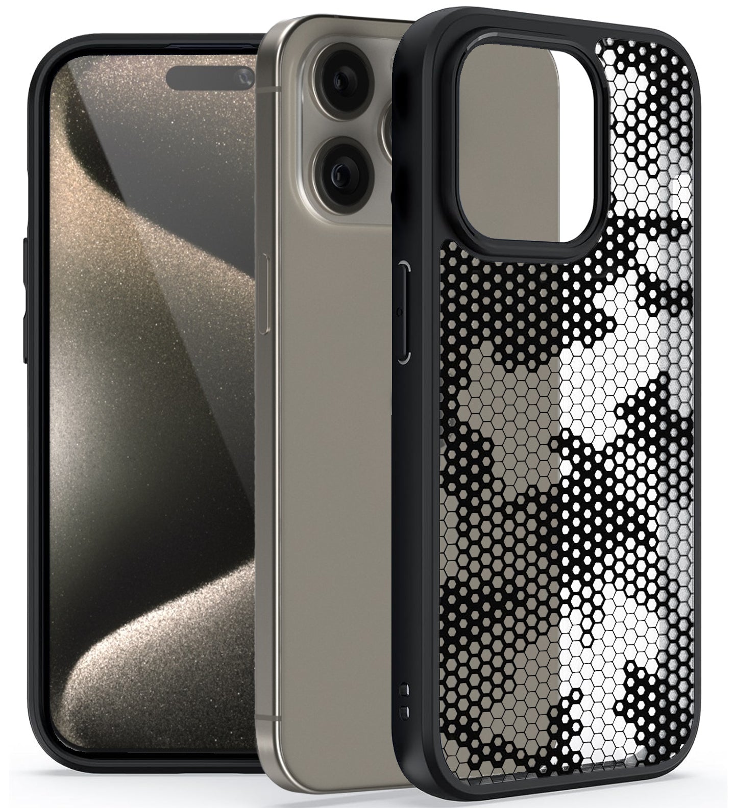 iPhone 15 Pro (FOSO) Back Cover Case - Black (Honeycomb)