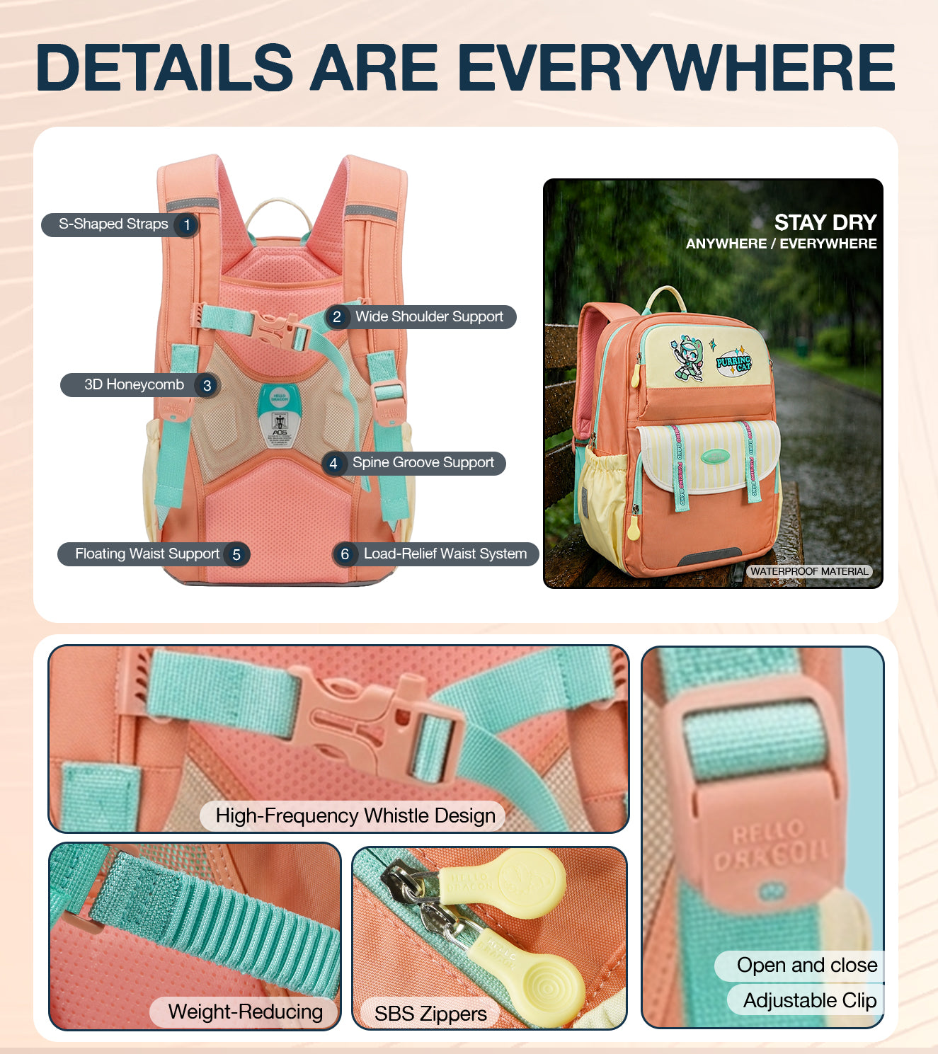 Peach kids school backpack